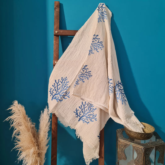 Hand Print 3D Coral Design Turkish Towel Pestemal Blue