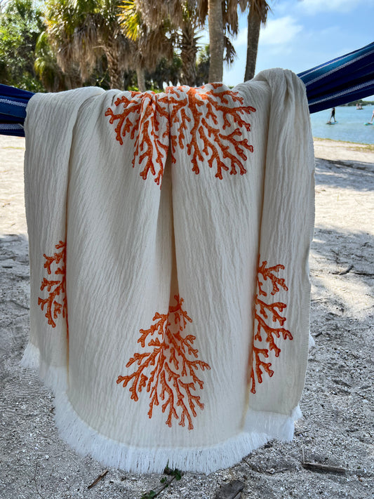 Hand Print 3D Coral Design Turkish Towel Pestemal Orange