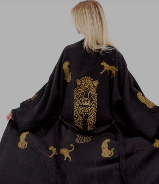 Natural Cotton Hand-Made Turkish Towel Kimono Robe - Leopard Print Black