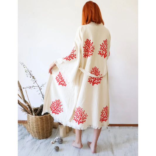 Turkish Towel Kimono Bathrobe Coral Design White