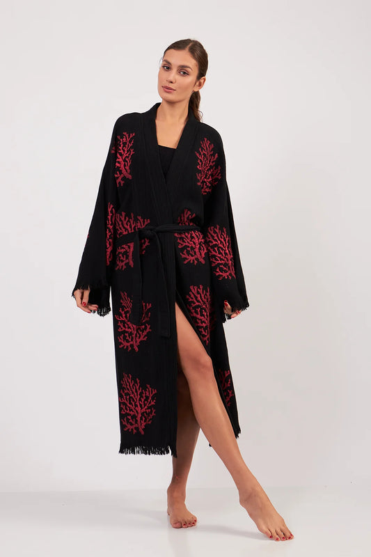 Turkish Towel Kimono Bathrobe Coral Design Black