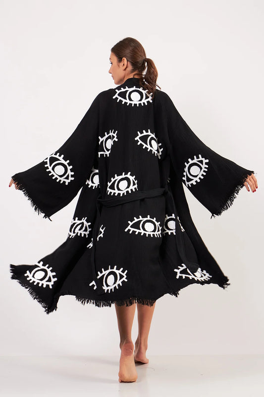 Turkish Towel Kimono Bathrobe Eye Design Black