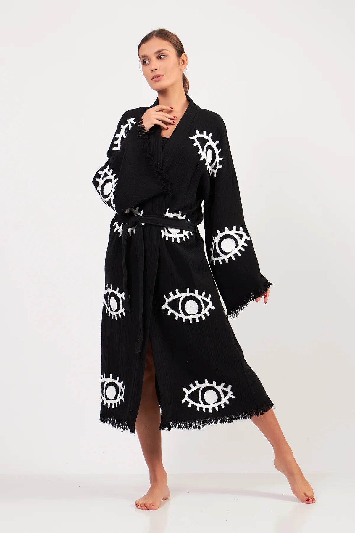 Turkish Towel Kimono Bathrobe Eye Design Black