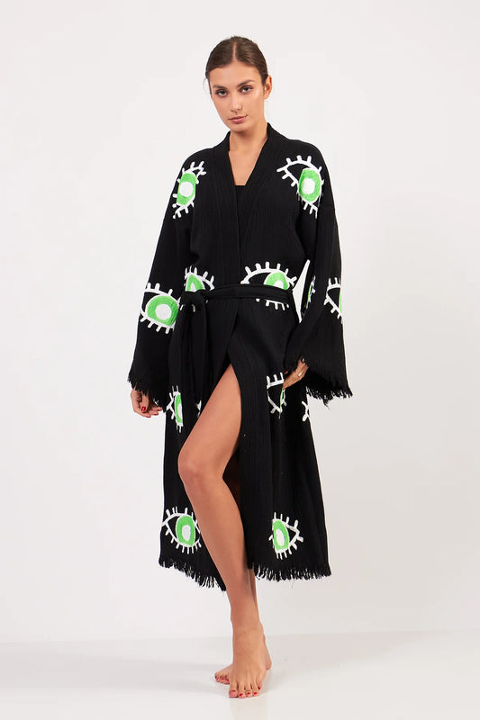 Turkish Towel Kimono Bathrobe Eye Design Green on Black