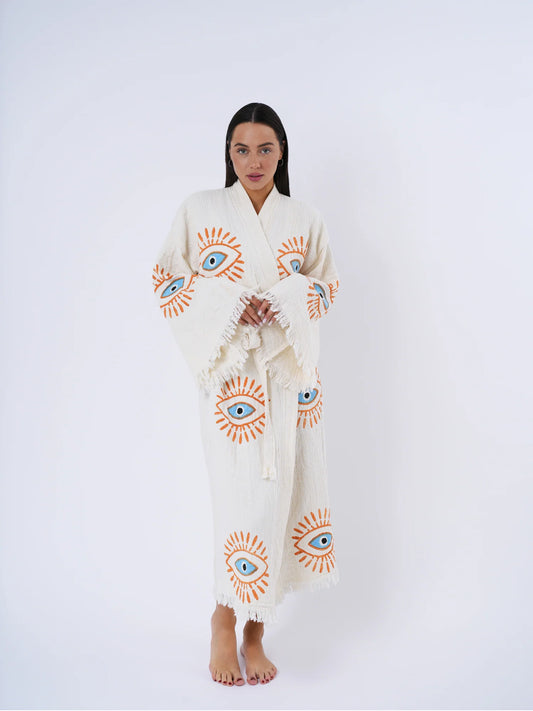 Orange & Turquoise Evil Eye Kimono Robe